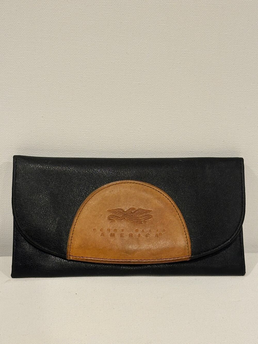 Vintage Perry Ellis America Black Leather Two Tone Eagle Flap Clutch Wallet